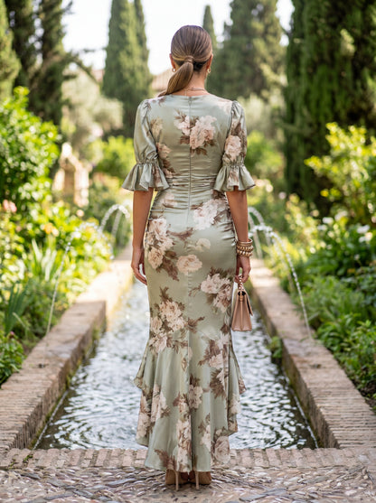 Green Satin Asymmetrical Long Dress with V-Neck - Ana