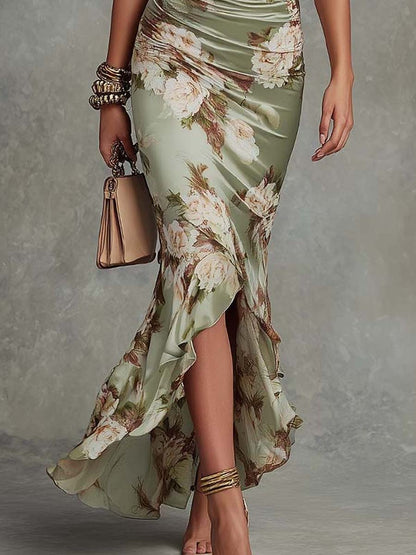 Green Satin Asymmetrical Long Dress with V-Neck - Ana