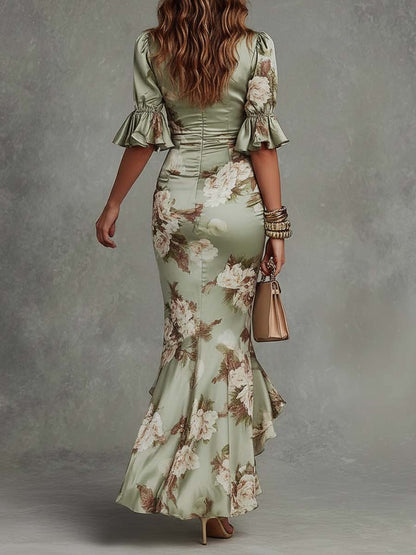 Green Satin Asymmetrical Long Dress with V-Neck - Ana
