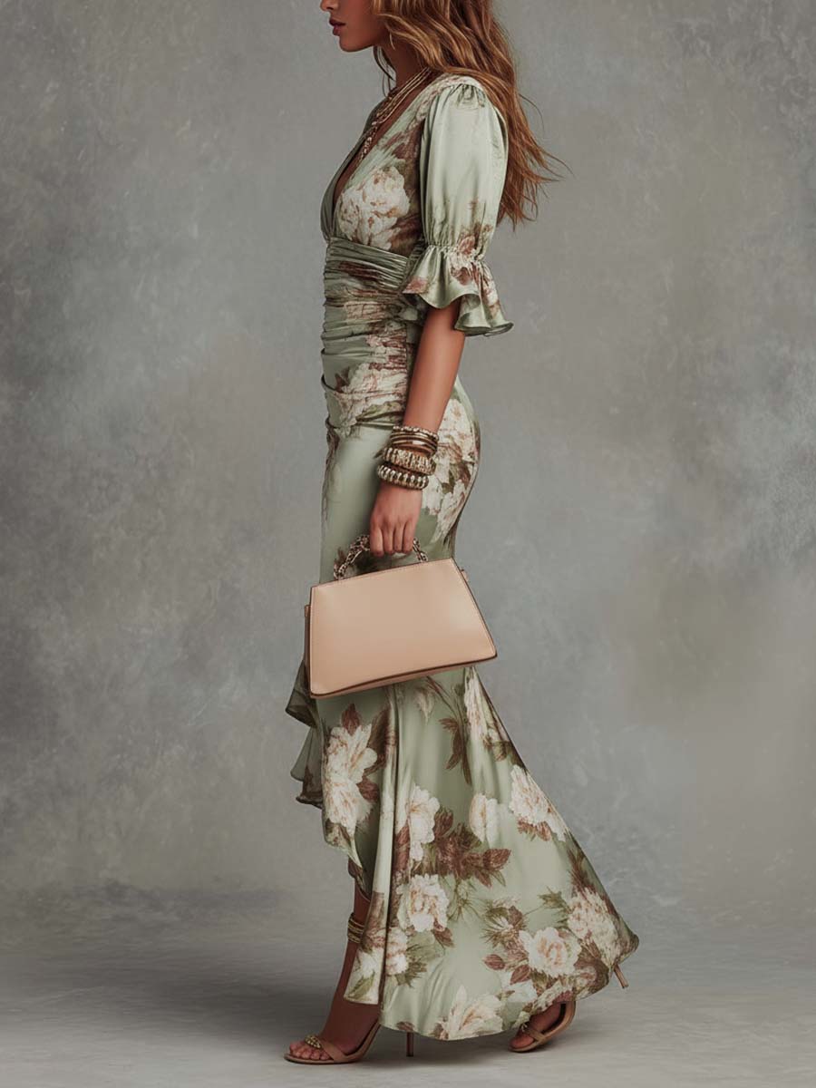 Green Satin Asymmetrical Long Dress with V-Neck - Ana