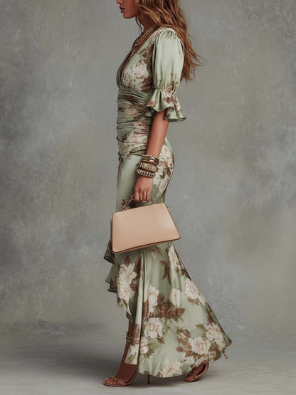 Green Satin Asymmetrical Long Dress with V-Neck - Ana