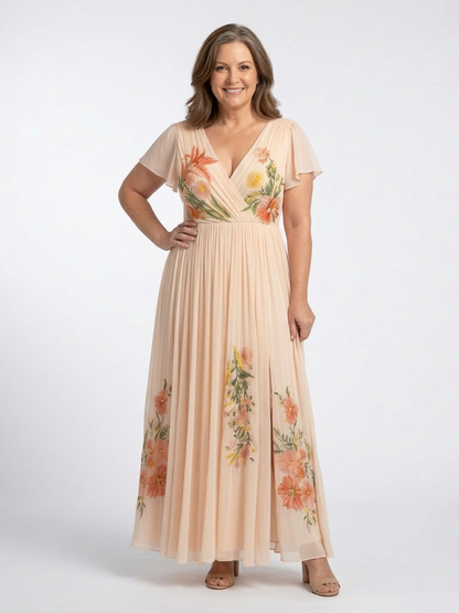 Calista | V-Neck Short Sleeve Pleated Maxi Dress