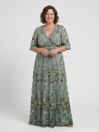 Evadne | Floral V-Neck Maxi Dress with Short Sleeves