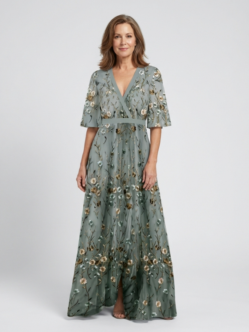 Evadne | Floral V-Neck Maxi Dress with Short Sleeves