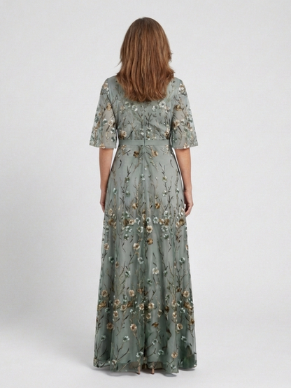 Evadne | Floral V-Neck Maxi Dress with Short Sleeves