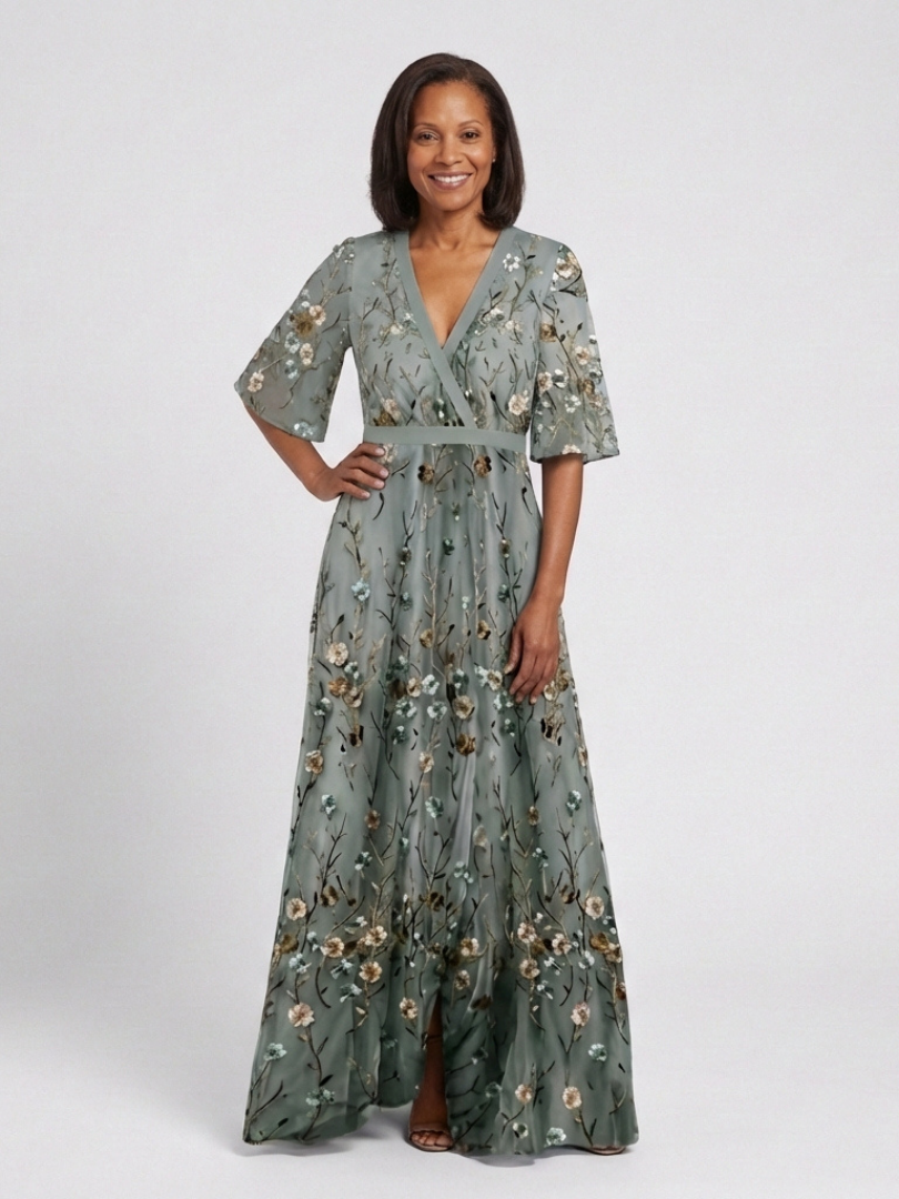 Evadne | Floral V-Neck Maxi Dress with Short Sleeves